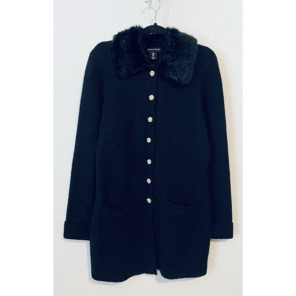 Adrienne Vittadini Cardigan Sweater Womens Large Black Fur Collar Mob Wife - Picture 1 of 7